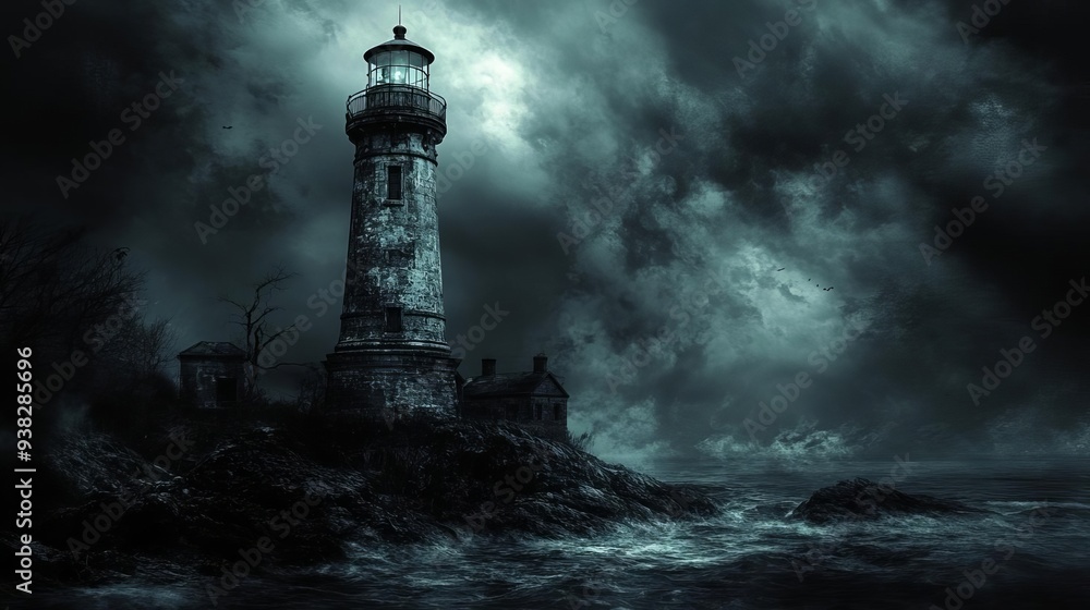 Haunted lighthouse, eerie Halloween scene with text area, Haunted lighthouse, eerie Halloween scene with text area,