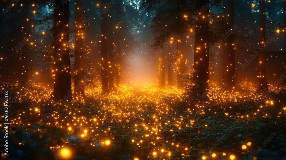 Obraz premium enchanted forest of luminous white trees misty atmosphere fairy lights dancing magical glow soft focus ethereal ambiance