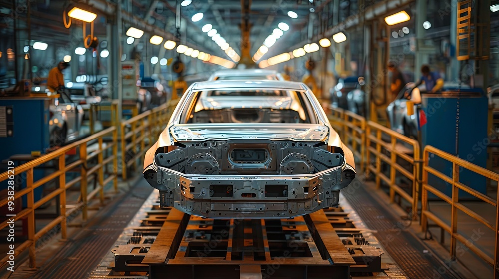 An image of car manufacturing on a production line, highlighting bare frames being worked on meticulously by machines and workers, representing the initial stages of car production. An image of car manufacturing on a production line, highlighting bare frames being worked on meticulously by machines and workers, representing the initial stages of car production.