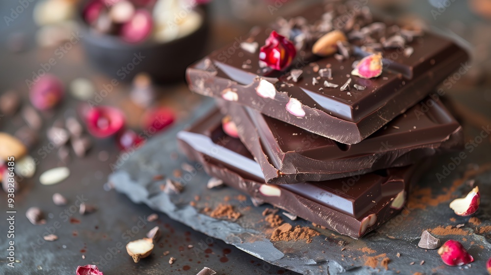 Real dark chocolate without sugar with nuts. Several bars of chocolate on the table surrounded by nuts. Healthy cocoa product. Real dark chocolate without sugar with nuts. Several bars of chocolate on the table surrounded by nuts. Healthy cocoa product.