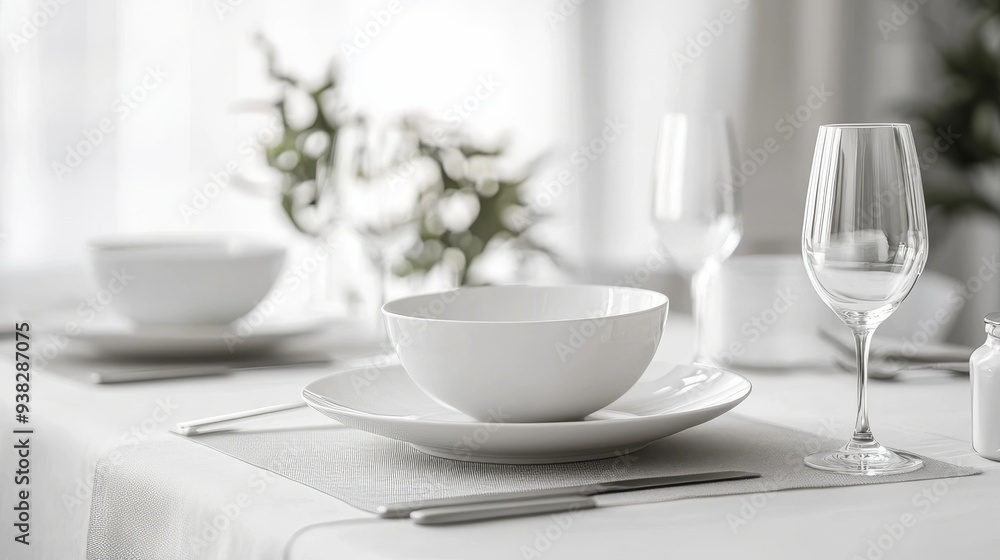 Minimalist White Table Setting with Glass and Bowl. Minimalist White Table Setting with Glass and Bowl.