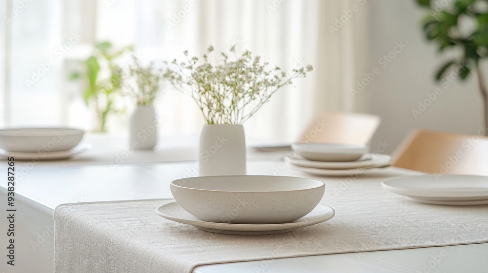 White ceramic bowl on a white tablecloth. White ceramic bowl on a white tablecloth.