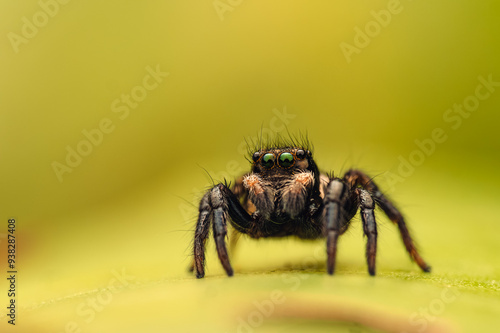 Jumping spider on yellow leaf, close-up macro shot