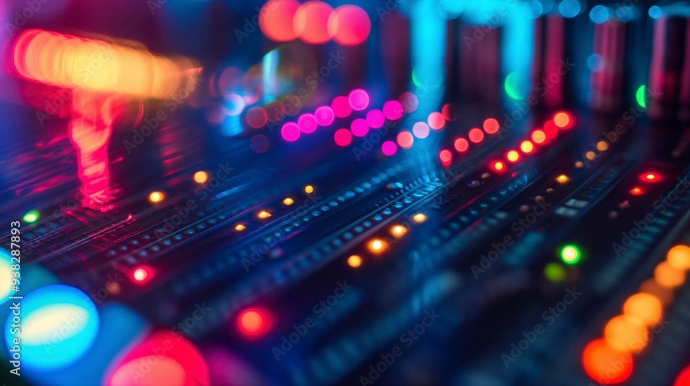 Close-up of a soundboard with colorful lights. Close-up of a soundboard with colorful lights.
