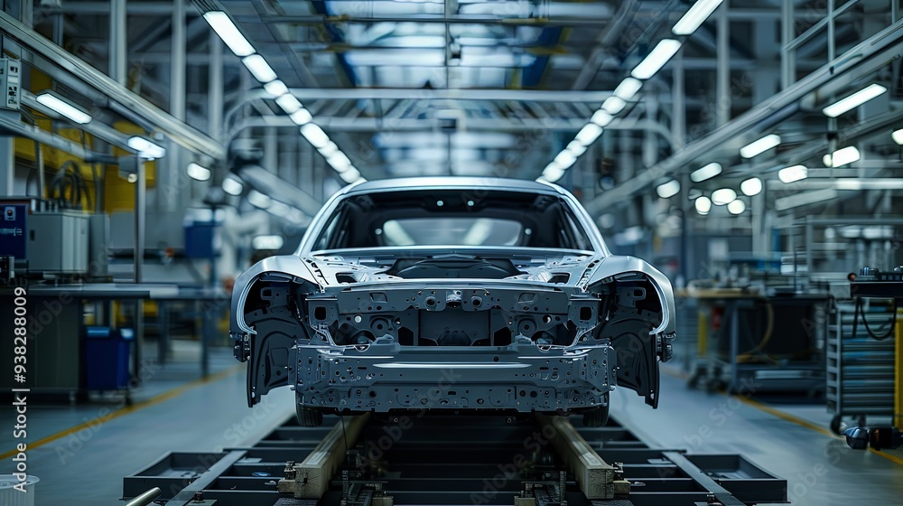 The image captures a car body frame in the midst of its assembly process at a well-organized and advanced factory. Industrial lights brighten the setting. The image captures a car body frame in the midst of its assembly process at a well-organized and advanced factory. Industrial lights brighten the setting.
