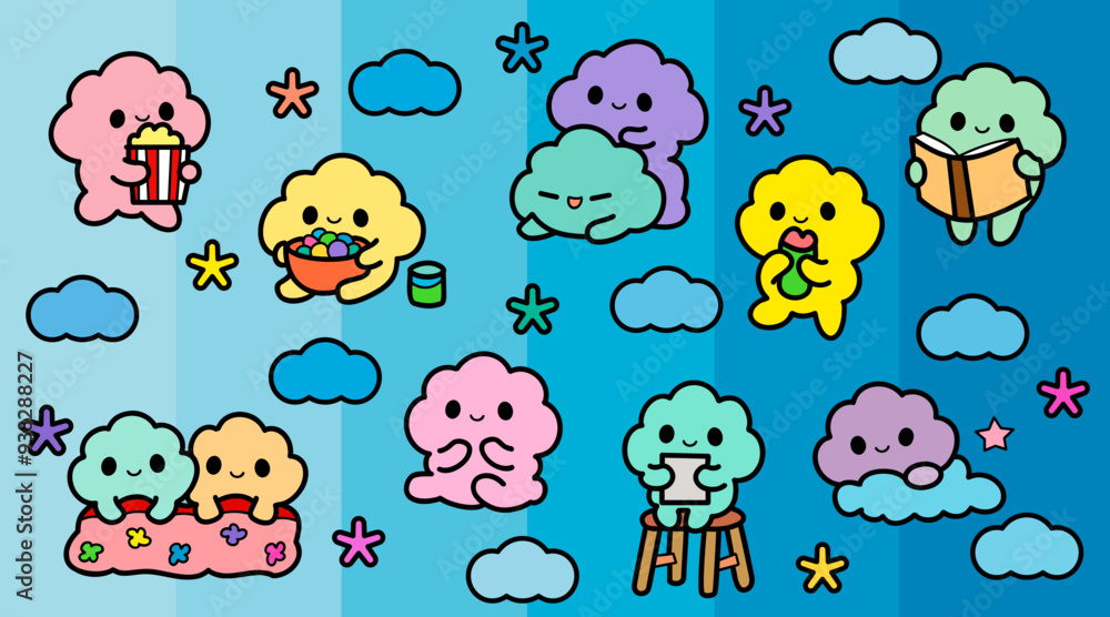 Fototapeta premium Playful cute cloud cartoon characters with fun activities in the sky, cute colorful banner and background, vector illustration.