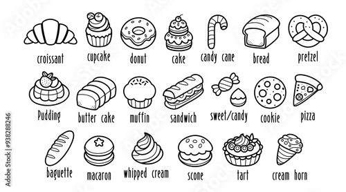 Collection of bakery and dessert icons with names, delicious hand drawn doodles, cute line art outlines, vector illustration.