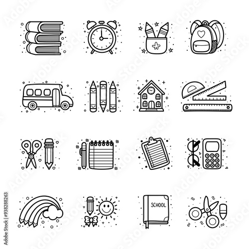 School supplies and education icons collection, cute doodle line art style, back to school themed design, vector illustration.