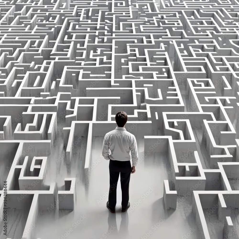 A businessman stands in front of a complex maze, symbolizing the difficulties on the way to success. A businessman stands in front of a complex maze, symbolizing the difficulties on the way to success.