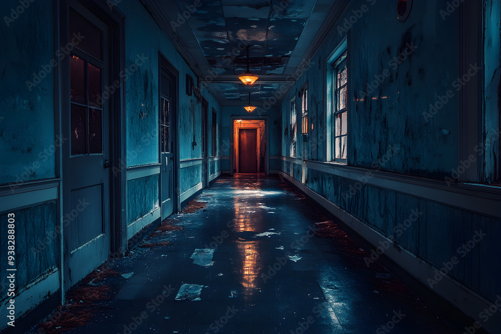 Fototapeta premium Haunting Abandoned Asylum with Eerie Flickering Lights, a chilling atmosphere envelops the derelict halls, shadows dance on the walls, whispers of the past linger in the air.