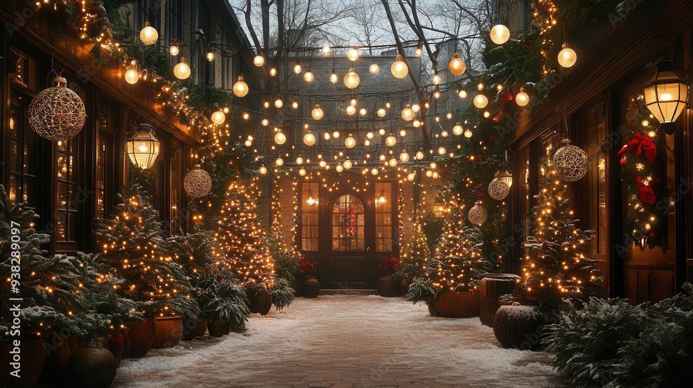 Obraz premium enchanting christmas scene with twinkling fairy lights ornate ornaments and lush greenery create magical holiday atmosphere