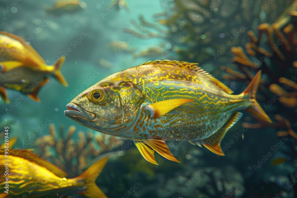 A group of fish swimming together in a tank A group of fish swimming together in a tank