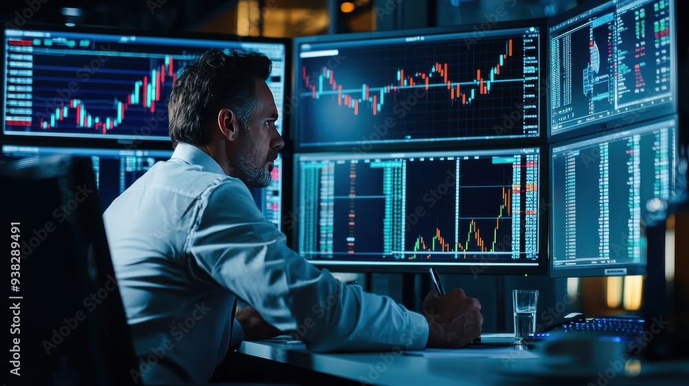 A trader in a financial company uses AI-driven software to optimize investment portfolios. Real-time data streams and predictive models are displayed on a multi-screen setup A trader in a financial company uses AI-driven software to optimize investment portfolios. Real-time data streams and predictive models are displayed on a multi-screen setup