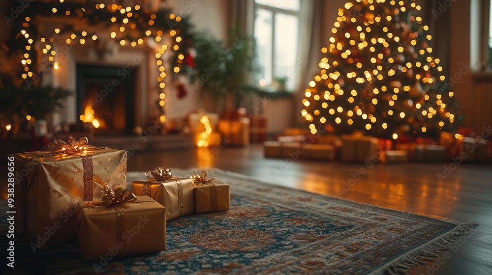 enchanting living room scene with twinkling christmas tree beautifully wrapped gifts and cozy holiday decorations warm golden lighting and festive atmosphere