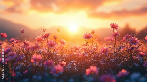 enchanting meadow at golden hour wildflowers swaying in breeze sundappled grass ethereal mist watercolorstyle border with delicate pastel blooms photo