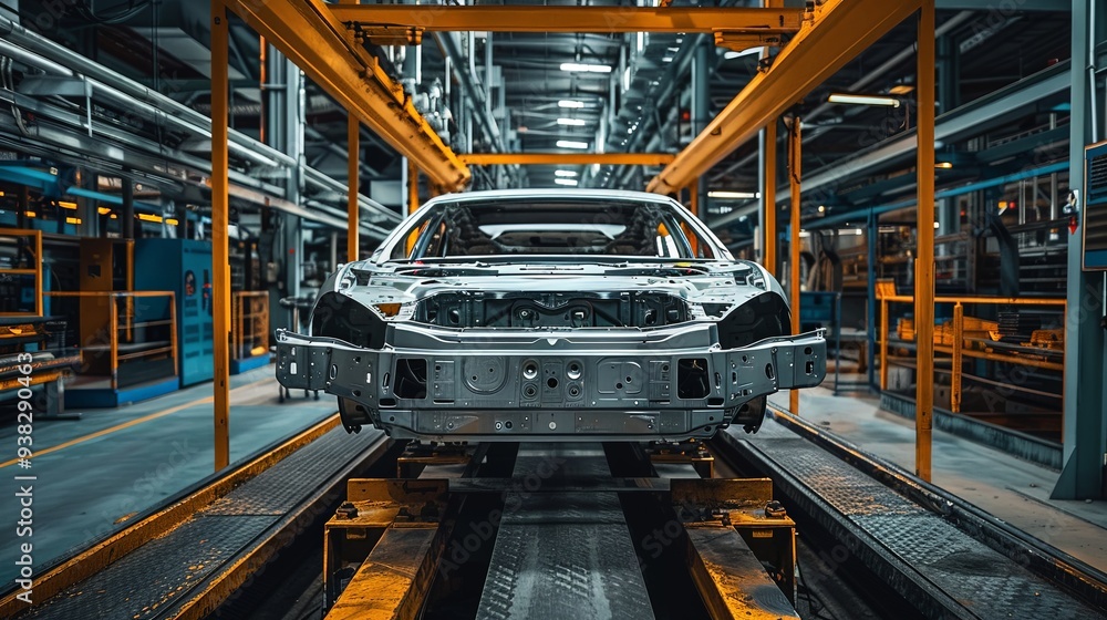 A detailed image capturing the automotive skeletal frame positioned on a production line, set in a well-organized factory environment, representing modern industrial design and efficiency. A detailed image capturing the automotive skeletal frame positioned on a production line, set in a well-organized factory environment, representing modern industrial design and efficiency.