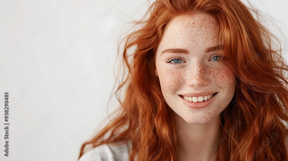 Close-up of a happy young woman with long wavy red hair and freckles, wearing a stylish t-shirt, smiling warmly against a white background Close-up of a happy young woman with long wavy red hair and freckles, wearing a stylish t-shirt, smiling warmly against a white background