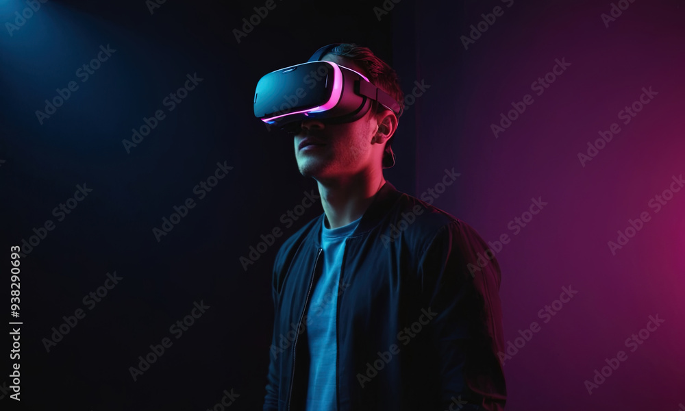 Man wearing VR headset, illuminated by blue and pink lights. Man wearing VR headset, illuminated by blue and pink lights.