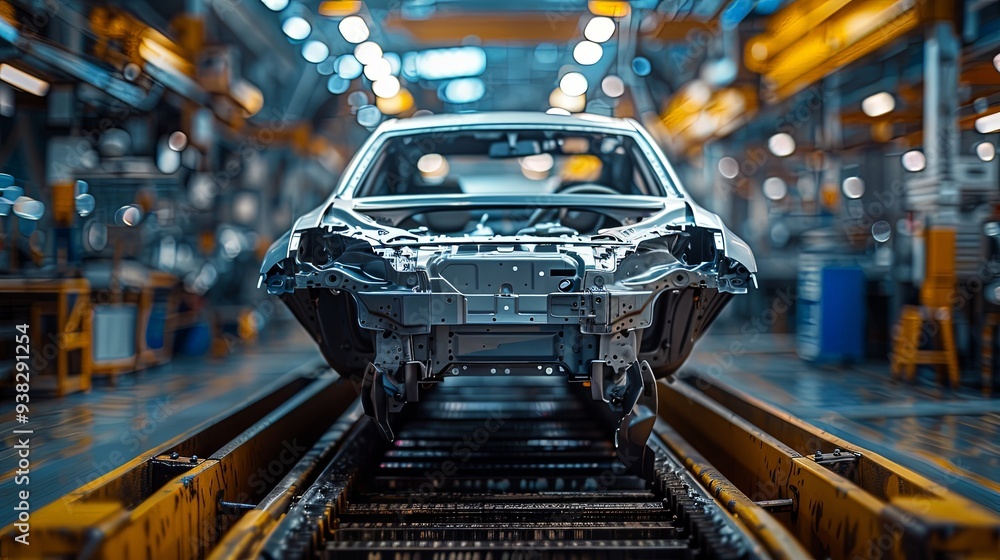 Front view of a vehicle chassis mid-assembly in a cutting-edge facility, highlighting the integration of machinery and meticulous human supervision ensuring high standards. Front view of a vehicle chassis mid-assembly in a cutting-edge facility, highlighting the integration of machinery and meticulous human supervision ensuring high standards.