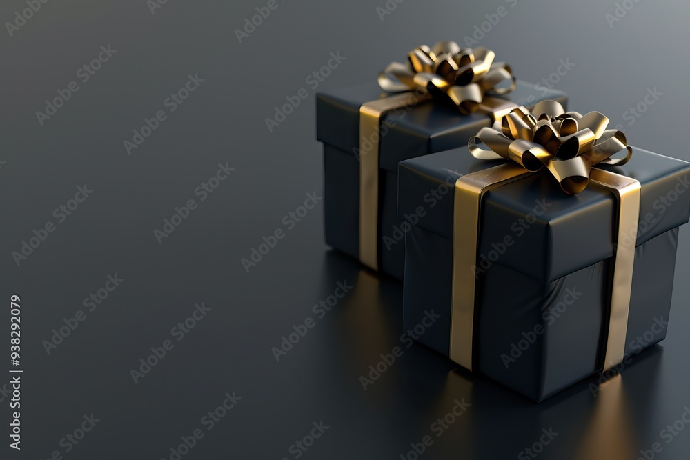 New year elegant black gift boxes gold ribbons, black background and copy space New year elegant black gift boxes gold ribbons, black background and copy space