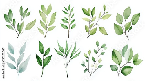 Watercolor Illustration of Twelve Green and Blue Leaves Isolated on White Background.