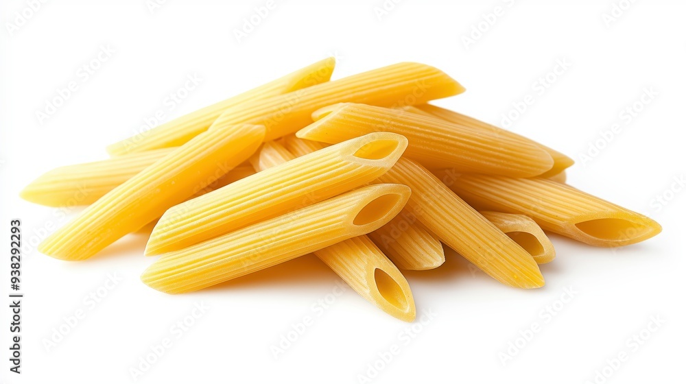 Close-up of uncooked penne pasta on a white background. Close-up of uncooked penne pasta on a white background.