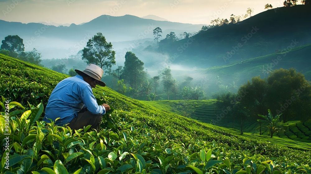 Fototapeta premium A serene landscape showcasing a farmer tending to lush green tea fields under a misty morning sky 