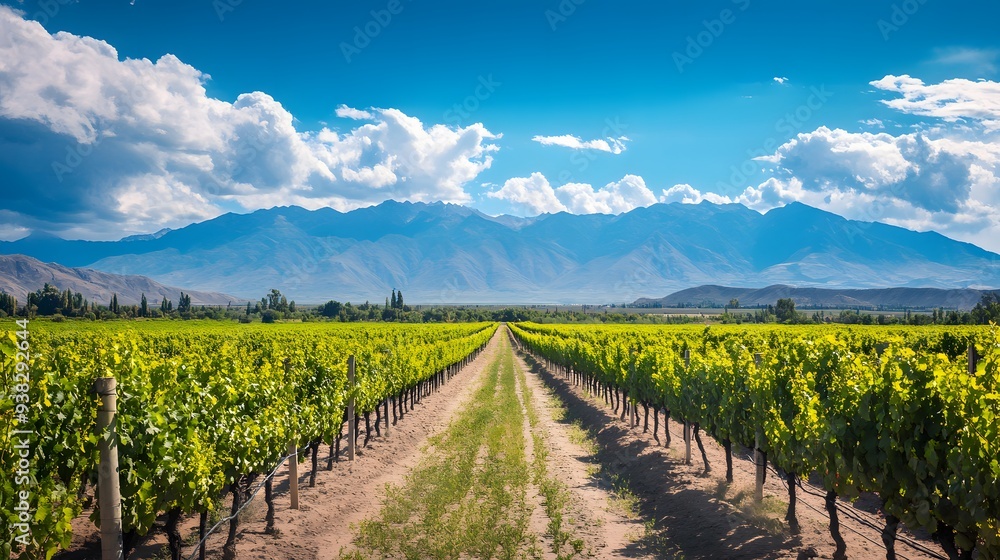 Naklejka premium A stunning view of a lush vineyard stretching towards majestic mountains under a bright blue sky with scattered clouds, showcasing the beauty of nature and agriculture. 
