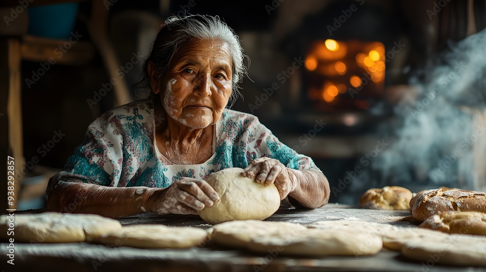 A skilled elderly woman kneads dough in a rustic kitchen, surrounded by freshly baked bread and a warm, inviting atmosphere. A skilled elderly woman kneads dough in a rustic kitchen, surrounded by freshly baked bread and a warm, inviting atmosphere.