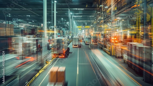 A dynamic and blurred view of trucks transporting goods in a busy warehouse environment, showcasing the hustle of logistics and shipping operations. 