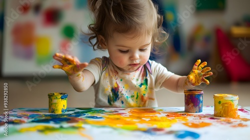 A toddler making a mess with finger paints, colorful smudges on the table, walls, and their clothes. A joyful toddler explores creativity through finger painting, surrounded by vibrant colors and spla photo