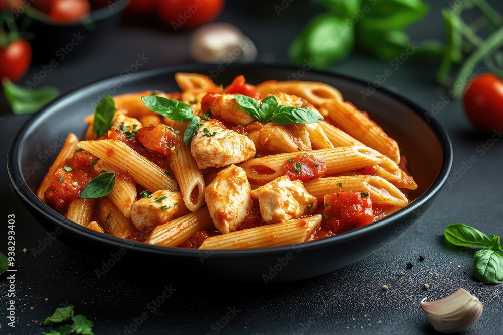Photo of A plate of pasta with tomatoes and basil Photo of A plate of pasta with tomatoes and basil