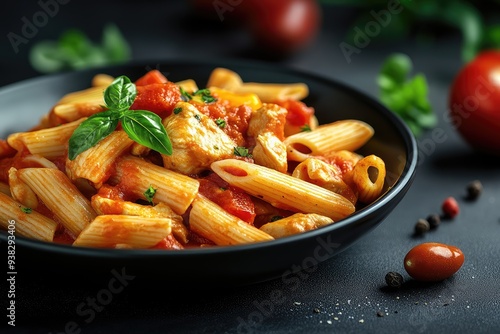 Photo of A plate of pasta with tomatoes and basil photo