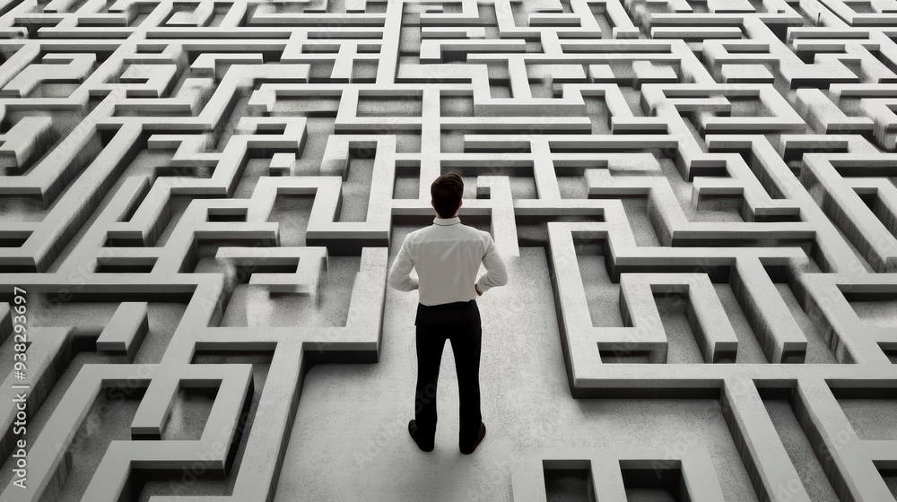 A businessman stands in front of a complex maze, symbolizing the difficulties on the way to success. A businessman stands in front of a complex maze, symbolizing the difficulties on the way to success.
