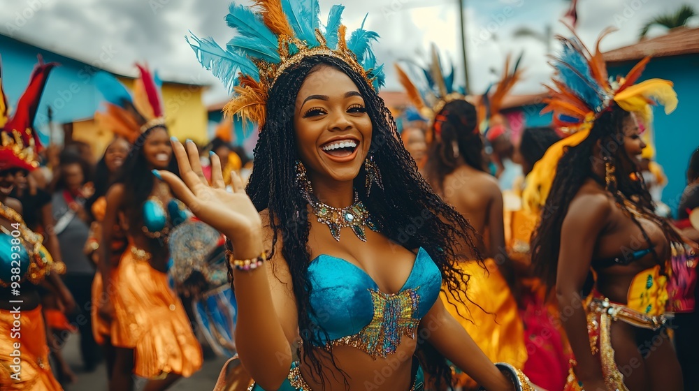 A vibrant carnival scene featuring a joyful woman in a colorful costume, adorned with feathers, surrounded by dancers celebrating in a lively street atmosphere. A vibrant carnival scene featuring a joyful woman in a colorful costume, adorned with feathers, surrounded by dancers celebrating in a lively street atmosphere.