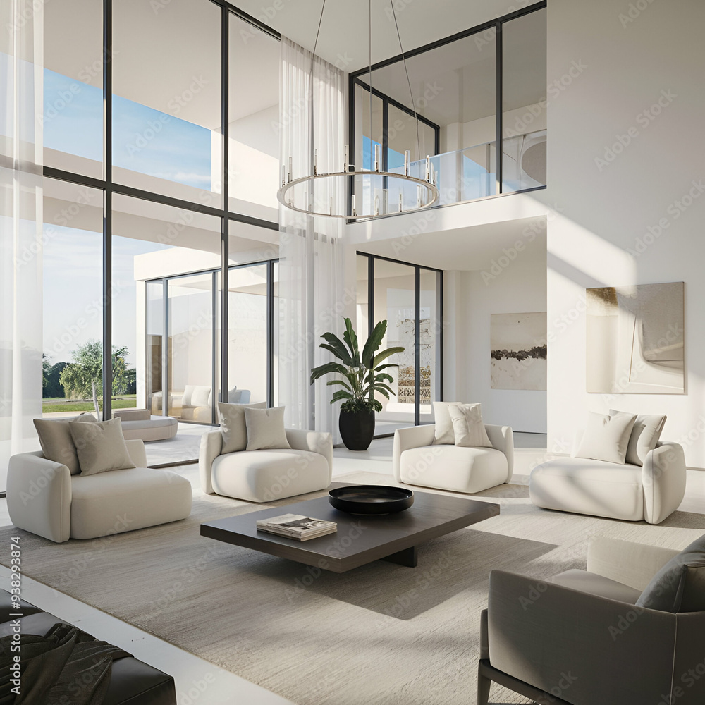 Fototapeta premium Mid-century style home interior design of modern living room. Accent coffee table near black tufted sofa against windows.