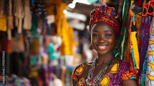 A vibrant portrait of a joyful woman wearing a colorful head wrap and traditional attire, set against a lively market backdrop. 