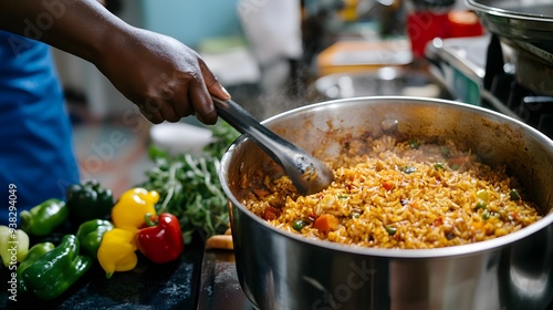 A West African kitchen with a large pot of jollof rice cooking, colorful vegetables and spices on the counter, and a person stirring the pot. A close-up of a hand stirring a pot of flavorful rice dish