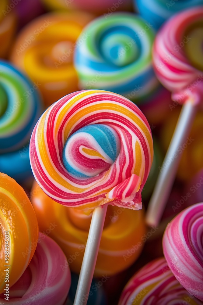 A varied selection of lollipops with intricate swirls in vibrant colors, promoting a delightful and playful experience. A varied selection of lollipops with intricate swirls in vibrant colors, promoting a delightful and playful experience.