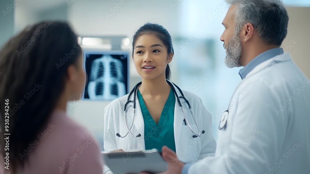 A diverse team of healthcare professionals discussing patient care, with a focus on collaboration in a modern medical environment. A diverse team of healthcare professionals discussing patient care, with a focus on collaboration in a modern medical environment.