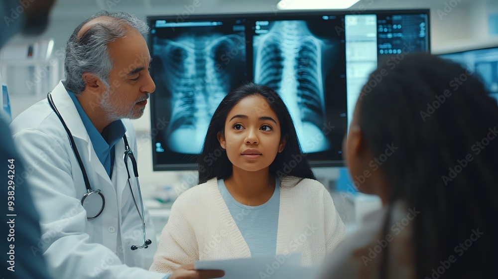 Obraz premium A doctor discusses chest X-ray results with a young girl and her family in a modern medical setting. 