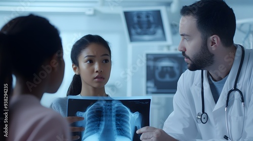 A doctor explains an X-ray to a young patient while her guardian listens attentively in a modern medical setting. 