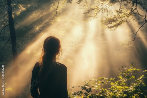 A person stands in a mystical forest with beams of light filtering through the trees, creating a peaceful ambiance. photo