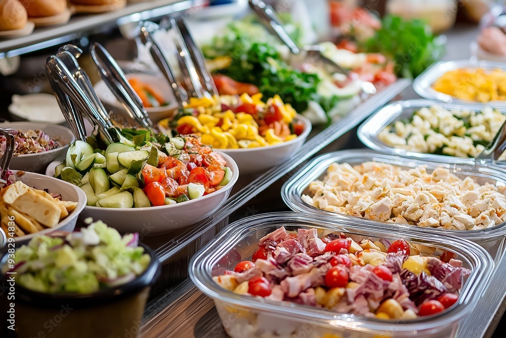 An inviting buffet offers a diverse selection of fresh salads, colorful toppings, and dressing options, perfect for a self-serve meal. An inviting buffet offers a diverse selection of fresh salads, colorful toppings, and dressing options, perfect for a self-serve meal.