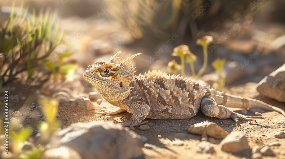 Obraz premium A vivid depiction of a horned lizard camouflaged among desert sand and rocks, its skin blending with the earth tones while subtle shadows emphasize its texture