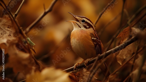 Carolina Wren (Thryothorus ludovicianus) singing from a low branch in a dense thicket, surrounded by underbrush and fallen leaves.. A beautiful bird perched among autumn leaves, singing with vibrant c photo