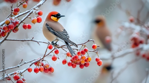 Cedar Waxwing (Bombycilla cedrorum) perched on a branch of a berry-laden tree in a forested area, with other waxwings nearby, feeding on the fruits.. A vibrant scene featuring a beautiful bird perched photo