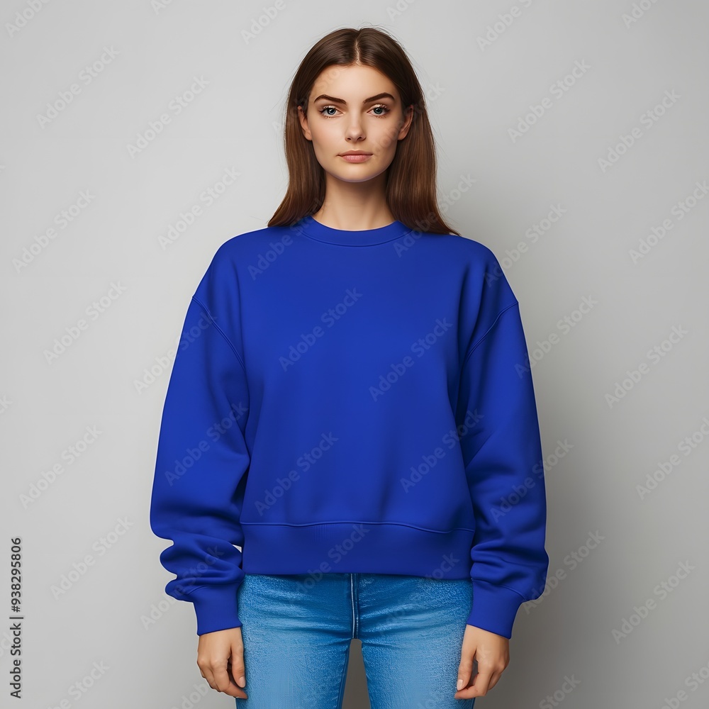 A young woman wearing a vibrant blue sweatshirt poses confidently against a neutral background, showcasing modern fashion trends and casual style. A young woman wearing a vibrant blue sweatshirt poses confidently against a neutral background, showcasing modern fashion trends and casual style.