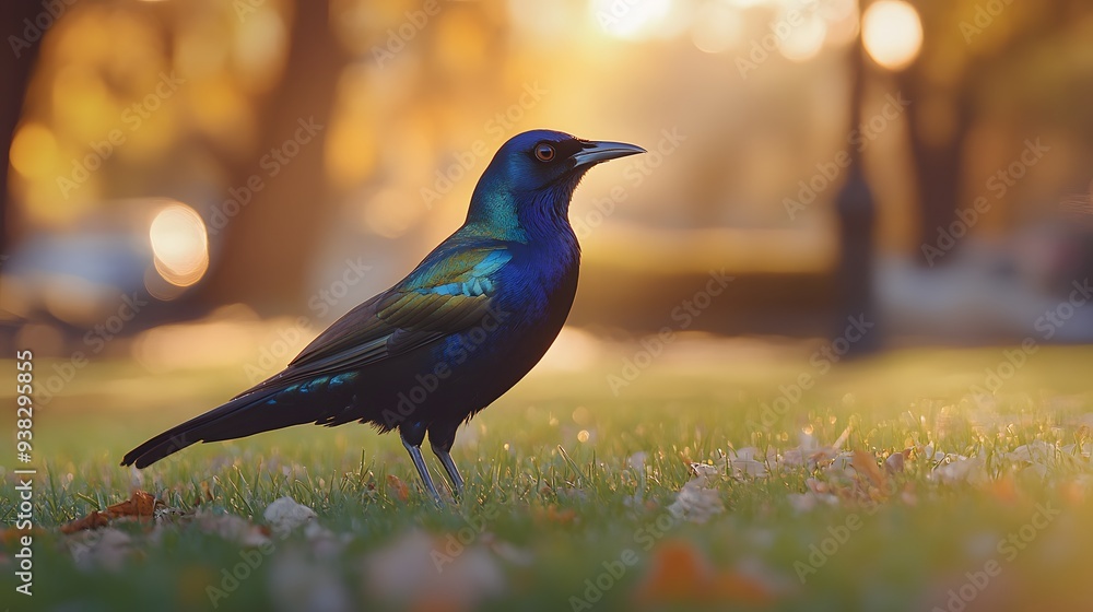 Common Grackle (Quiscalus quiscula) standing on a lawn in a city park, with its iridescent black feathers glistening in the sunlight.. A vibrant blue bird stands gracefully on the grass, illuminated b Common Grackle (Quiscalus quiscula) standing on a lawn in a city park, with its iridescent black feathers glistening in the sunlight.. A vibrant blue bird stands gracefully on the grass, illuminated b