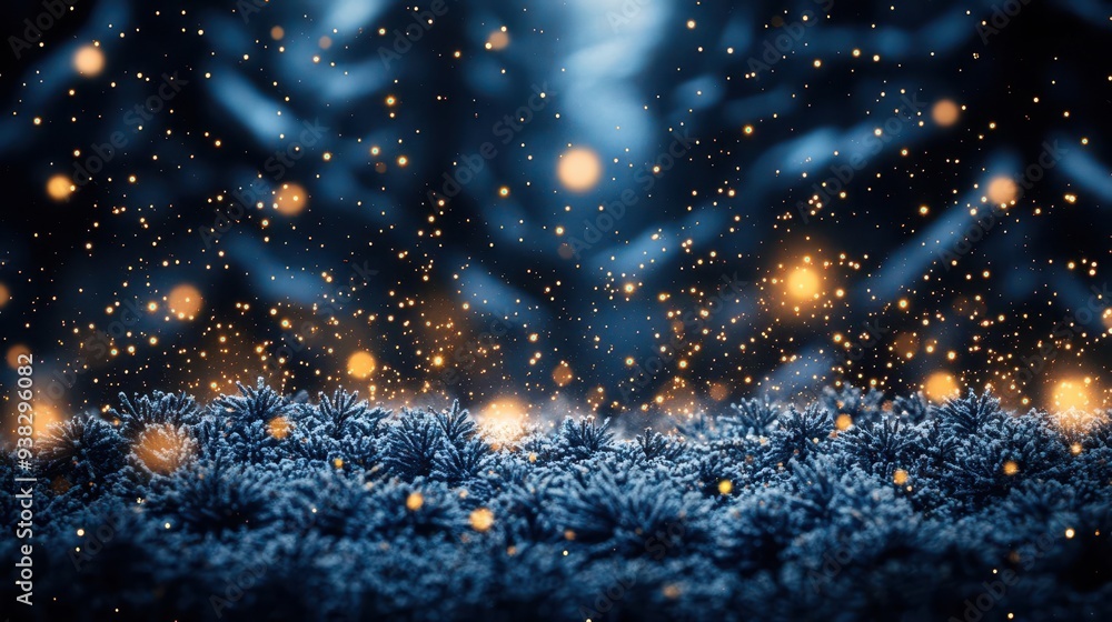 Obraz premium ethereal winter wonderland with swirling golden particles and navy blue backdrop magical atmosphere with glowing bokeh effects resembling falling snowflakes in a enchanted nocturnal forest